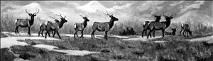 A painting of several elk facing in one direction on a grassy plain at the base of snowy mountain peaks. 